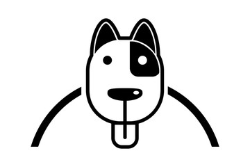 Black and white cartoon dog with tongue. White Pet with black spot near one of eyes. Comic puppy vector logo for web and print.