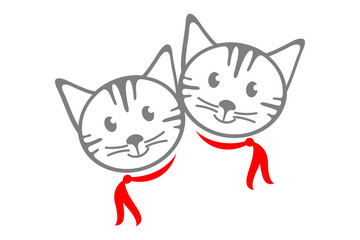 Two cute hand drawn cats with red scarves. Couple of Cat's faces. Gray cats vector logo for web and print.