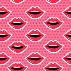 Fototapeta na wymiar Female lips. Mouth with a kiss, smile, tongue, teeth and kiss me lettering on background. Vector comic seamless pattern in pop art retro style. Abstract seamless pattern for girls, boys, clothes.