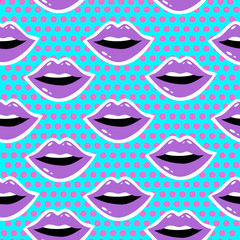 Female lips. Mouth with a kiss, smile, tongue, teeth and kiss me lettering on background. Vector comic seamless pattern in pop art retro style. Abstract seamless pattern for girls, boys, clothes.