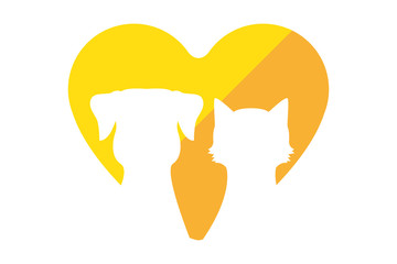 Cat silhouette and dog silhouette inside yellow and orange heart. Couple of pets silhouettes. Domestic animal logo for web and print