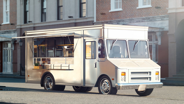 White food truck with detailed interior on street. Takeaway. 3d rendering.