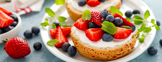 Berry sandwiches with fresh strawberry, blueberry and cream cheese, banner