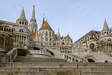View on the Fisherman's Bastion in Budapest. Hungarian landmarks. The Fisherman's Bastion, one of the famous destinations in Hungary. Budapest. European travel.