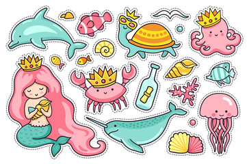 Set of sea cartoon characters. Mermaid, narwhal, jellyfish, turtle and dolphin. Octopus, crab and seagull. Stickers, pins and badges