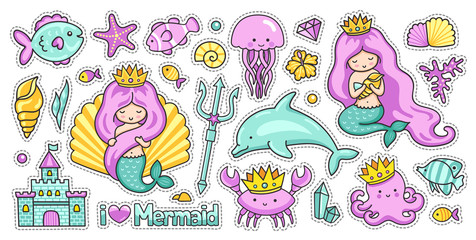 Mermaids, fish, dolphin, crab, octopus and jellyfish. Castle, trident and crown. Set of kawaii sea cartoon stickers. Vector collection