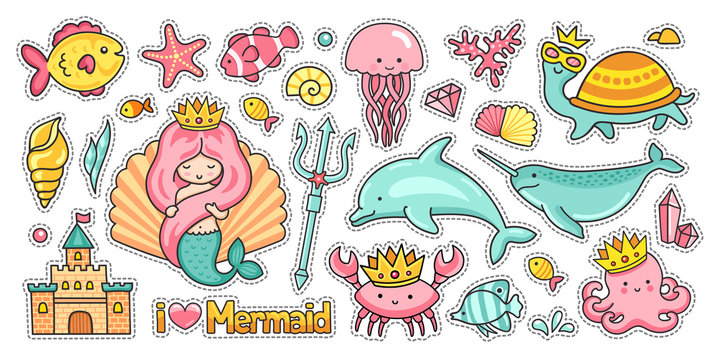 Mermaid, castle, dolphin and narwhal. Octopus, jellyfish and turtle. Set of funny sea animals. Stickers, patches, badges and pins. Vector illustration