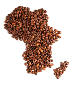 African continent map made of coffee beans.
