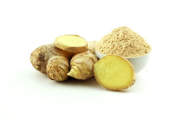 Fresh ginger root and ginger powder isolated on white background