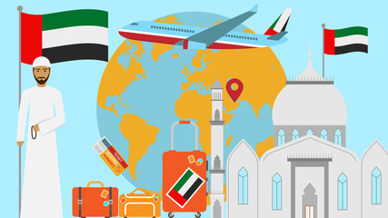 Welcome to United Arab Emirates postcard. Travel and journey concept of Islamic country vector illustration with national flag of United Arab Emirates