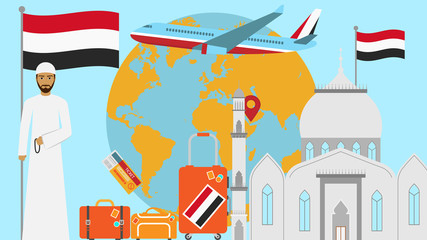 Welcome to Yemen postcard. Travel and journey concept of Islamic country vector illustration with national flag of Yemen