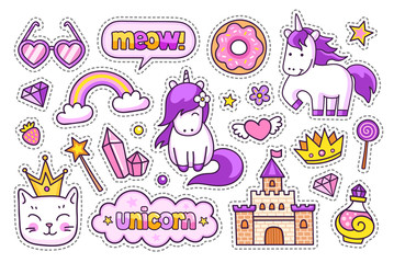 Castle, magic unicorns, kitten, crown, hearts glasses, diamond and potion. Set of stickers, pins and prints for kids. Doodle cartoon style. Vector illustration
