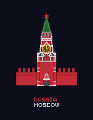 Pixel art vector illustration - Russia Moscow Kremlin, Spasskaya tower. isolated 8 bit pixelated landmark icon