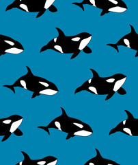 Vector seamless pattern of hand drawn killer whale swimming on blue background