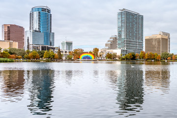 ORLANDO, FLORIDA, USA - DECEMBER, 2018: Eola Lake Park, popular destination for festivals,...