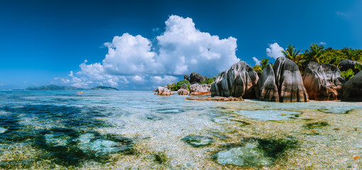 Famous Anse Source d'Argent Paradise beach on island La Digue in Seychelles. Most spectacular exotic panorama © Igor Tichonow