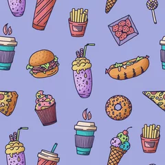 Fototapete Für ihn Nahtloses Muster. Vintage Illustration mit Fast-Food-Doodle-Elementen im Hintergrund für Konzeptdesign, Menü. Abbildung für beliebige Zwecke.