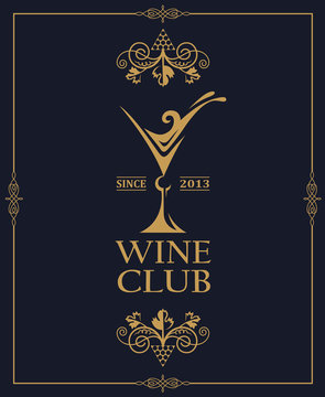 Wine Club Emblem With Grapes And Glass