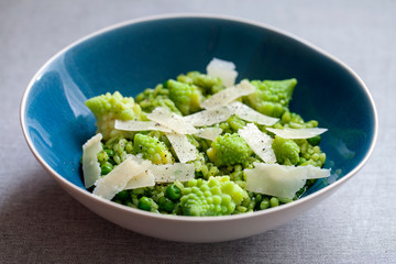 Green pea risotto with romanesco cauliflower