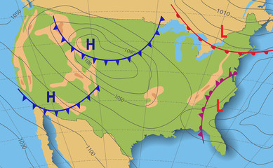 Weather forecast. Meteorological weather map of the United State of America. Realistic synoptic map USA with aditable generic map showing isobars and weather fronts. Topography and physical map.