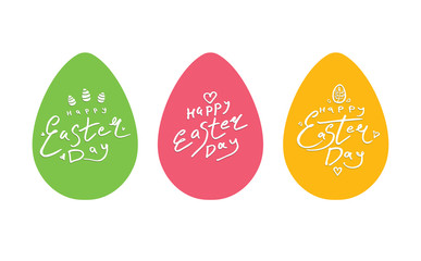 Three bright Easter eggs with handwritten logos. Happy Easter Day!