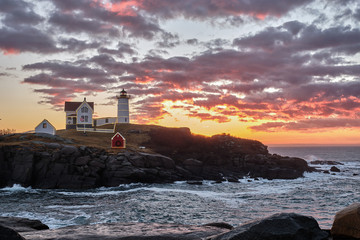 Sunrise at the Nubble Lighthouse off the Maine Coast
