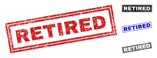 Grunge RETIRED rectangle stamp seals isolated on a white background. Rectangular seals with distress texture in red, blue, black and grey colors.