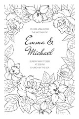 Vintage spring summer wedding marriage event invitation card template. Rose peony daffodil narcissus flowers.