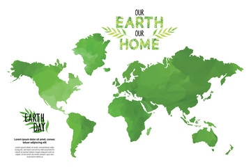 World map green artistic silhouette on white background, earth day poster template