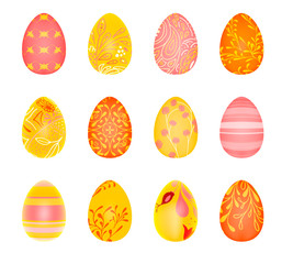 Happy Easter. Set of Easter eggs with different texture. Flat illustration. Spring holiday design. Flat vector