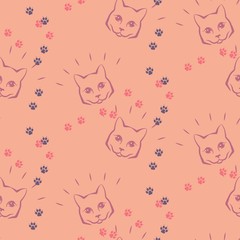 Seamless pattern with cute fase of cats and bows. Fashion kawaii kitty. Vector illustration.