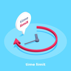 isometric vector image on a blue background, business clock icon, arrow and time limit,