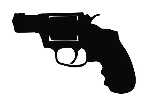 recommend clip art: Revolver symbol. Pistol Gun Vector silhouette isolated on white background. Risk in conflict situation. police and military weapon. Defense help option against enemy aggressor.