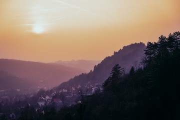 Incredible sunset. Panoramic view of hills and old town. Jena, Thuringia, Germany