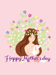 Happy mother’s day with cute girl holding dog on flowers and leaves in heart shape background  Vector cartoon flowers with calligraphy Happy mother’s day on floral background
