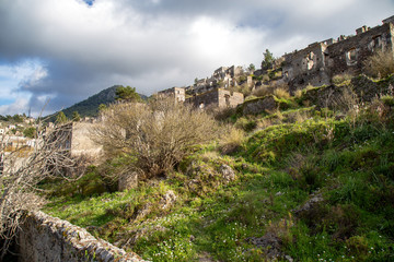 The abandoned Greek Village of Kayakoy, Fethiye, Turkey. Old greek houses, kaya koy near Mediterranean coast. 