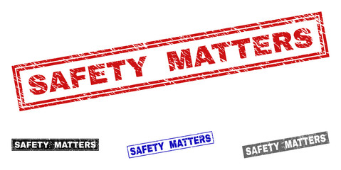 Grunge SAFETY MATTERS rectangle stamp seals isolated on a white background. Rectangular seals with grunge texture in red, blue, black and grey colors.