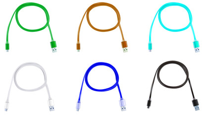 Six multi-colored usb cables on a white isolated background