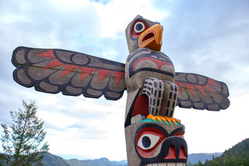 Eagle totem pole at the summit of the Malahat mountain in Vancouver Island