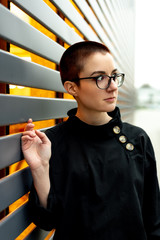 Emotional portrait of a short haired woman.