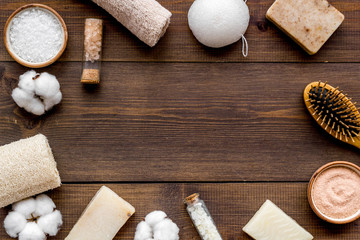 Eco-friendly cosmetics and zero waste set for spa on wooden background top view mockup