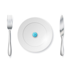 Weight loss concept. Medicine pills or capsules on a plate with a fork. Vector illustration. Drug prescription for treatment obesity, improper nutrition concept.