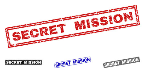 Grunge SECRET MISSION rectangle stamp seals isolated on a white background. Rectangular seals with grunge texture in red, blue, black and gray colors.