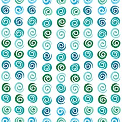 Watercolor abstract seamless pattern from spirals in a row. Shades of green and blue. Illustration on a white background.