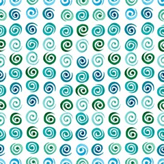 Watercolor abstract seamless pattern from spirals in a row. Shades of green and blue. Illustration on a white background.