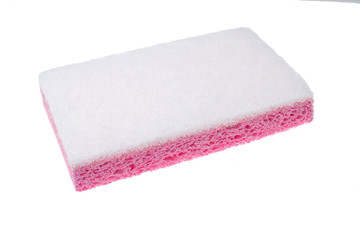 Pink Sponge with White Scouring Pad angled 45 degrees - Isolated white background