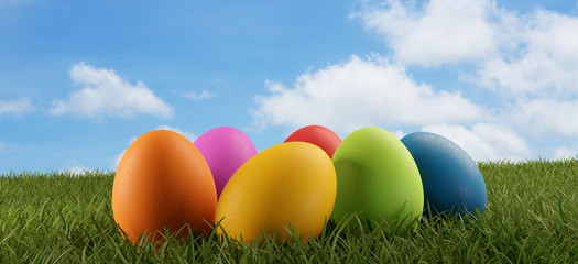 easter eggs green grass field and blue sky 3d-illustration