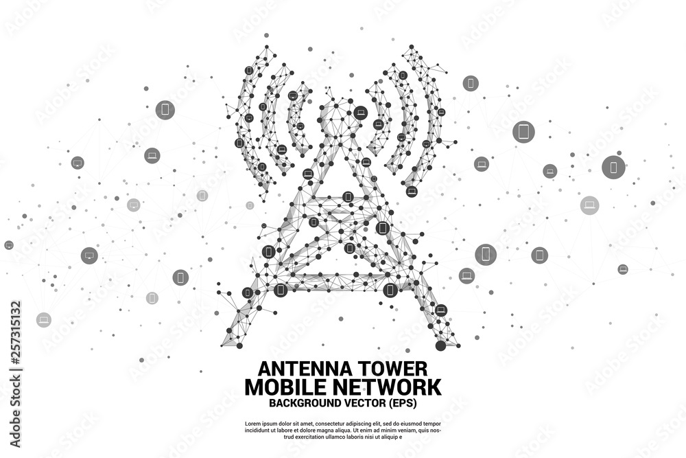Poster Antenna Tower icon polygon style from dot and line connection with mobile device icon. Concept of telecommunication mobile and data technology