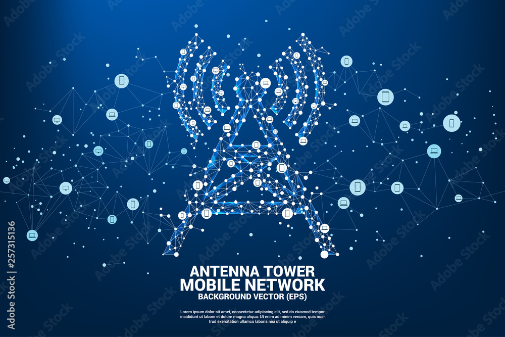 Poster Antenna Tower icon polygon style from dot and line connection with mobile device icon. Concept of telecommunication mobile and data technology