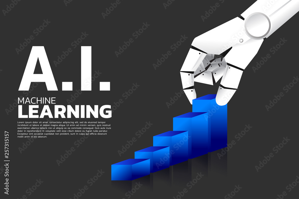 Poster Robot hand move pull business graph higher. Business concept for machine learning , a.i artificial intelligence and disruption.